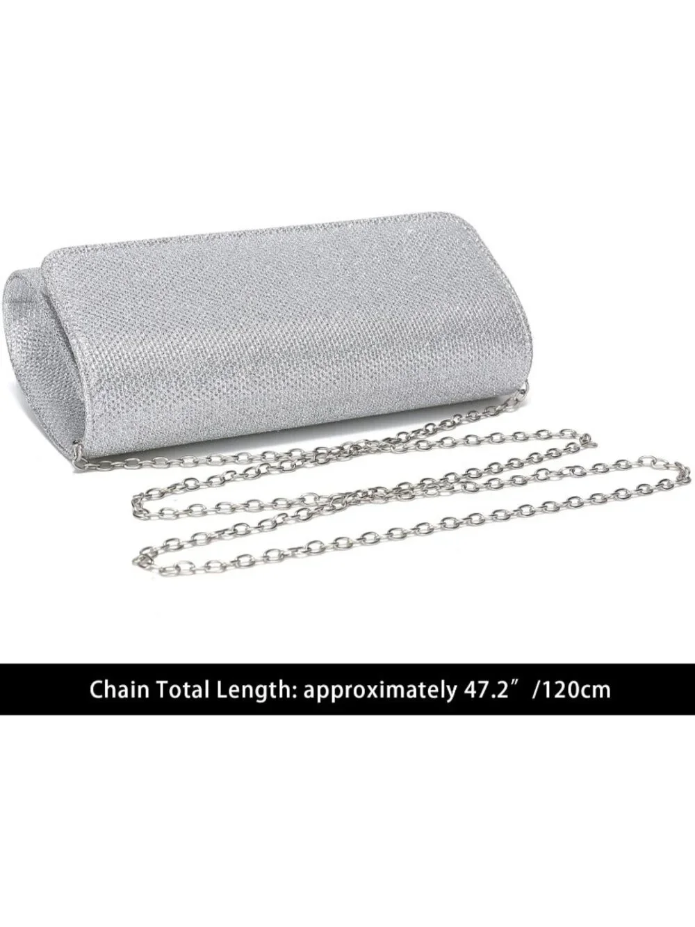 Women's Silver Glitter Clutch Purse Evening Bag With Chain For Wedding Handbag